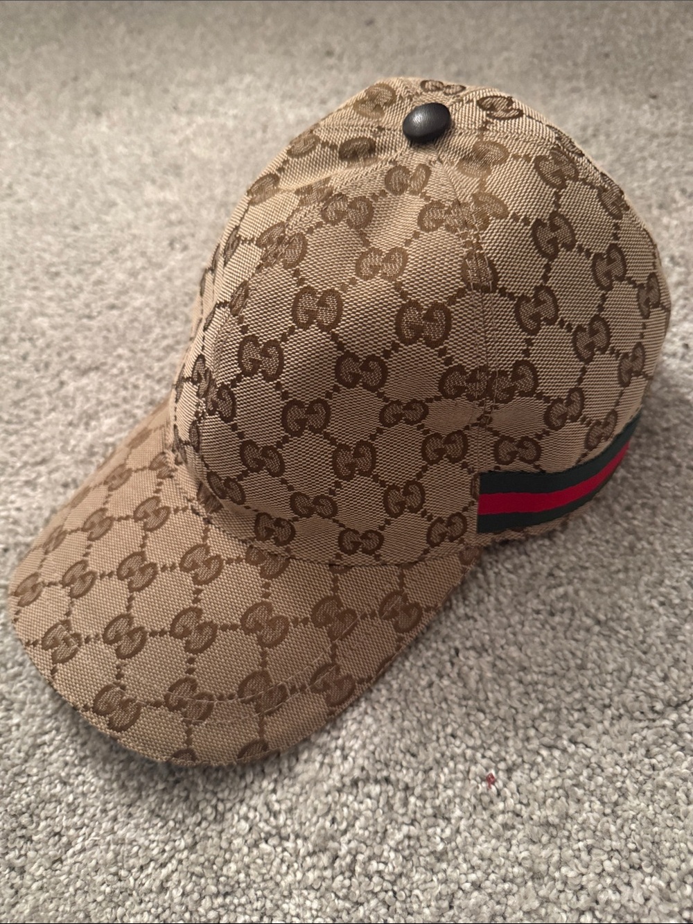 Gucci Brown GG Monogram Baseball Cap with Green-Red Stripe